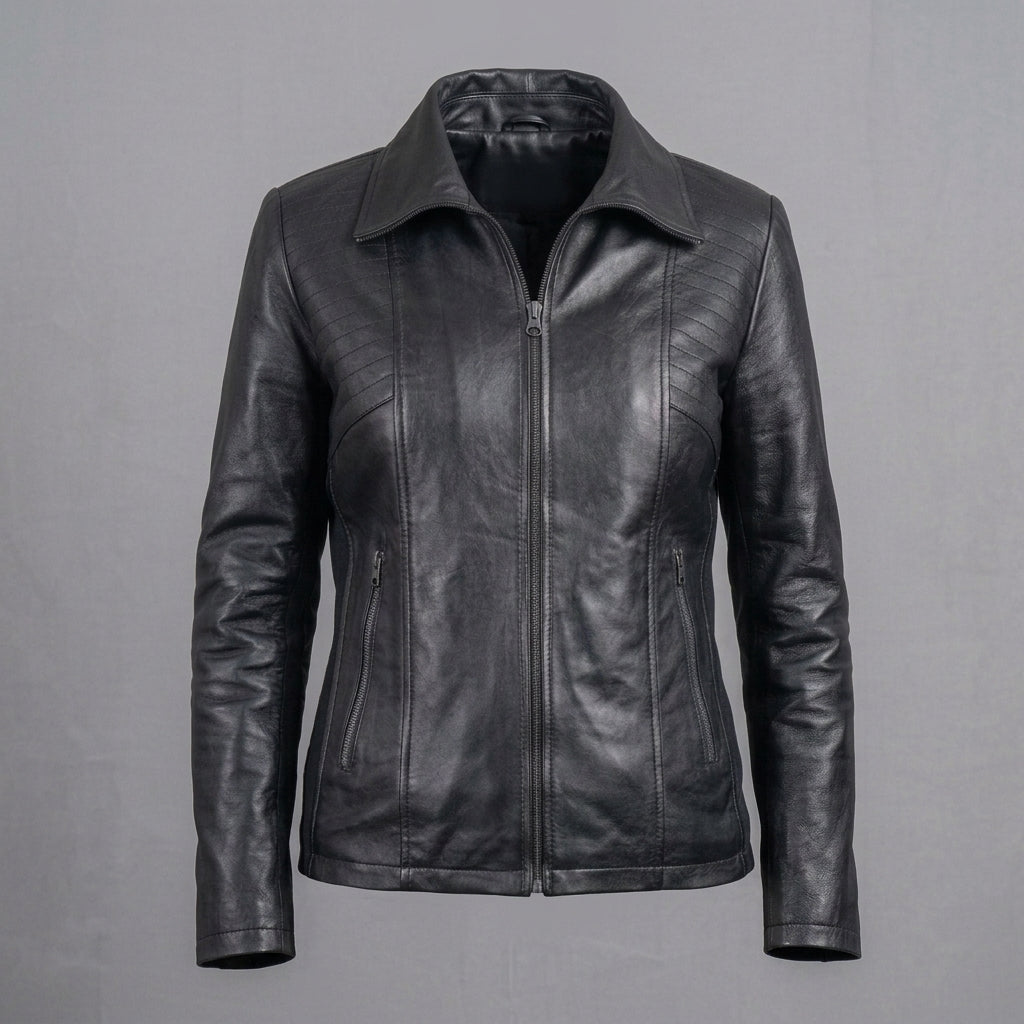 Women's Black Moto Leather Jacket with Shoulder Stitching