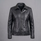 Women's Black Moto Leather Jacket with Shoulder Stitching