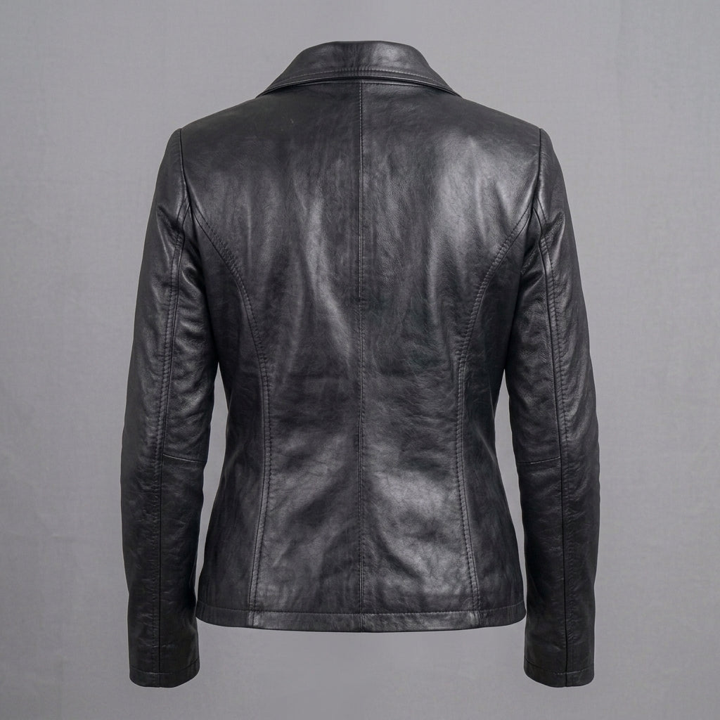 Women's Black Moto Leather Jacket with Shoulder Stitching