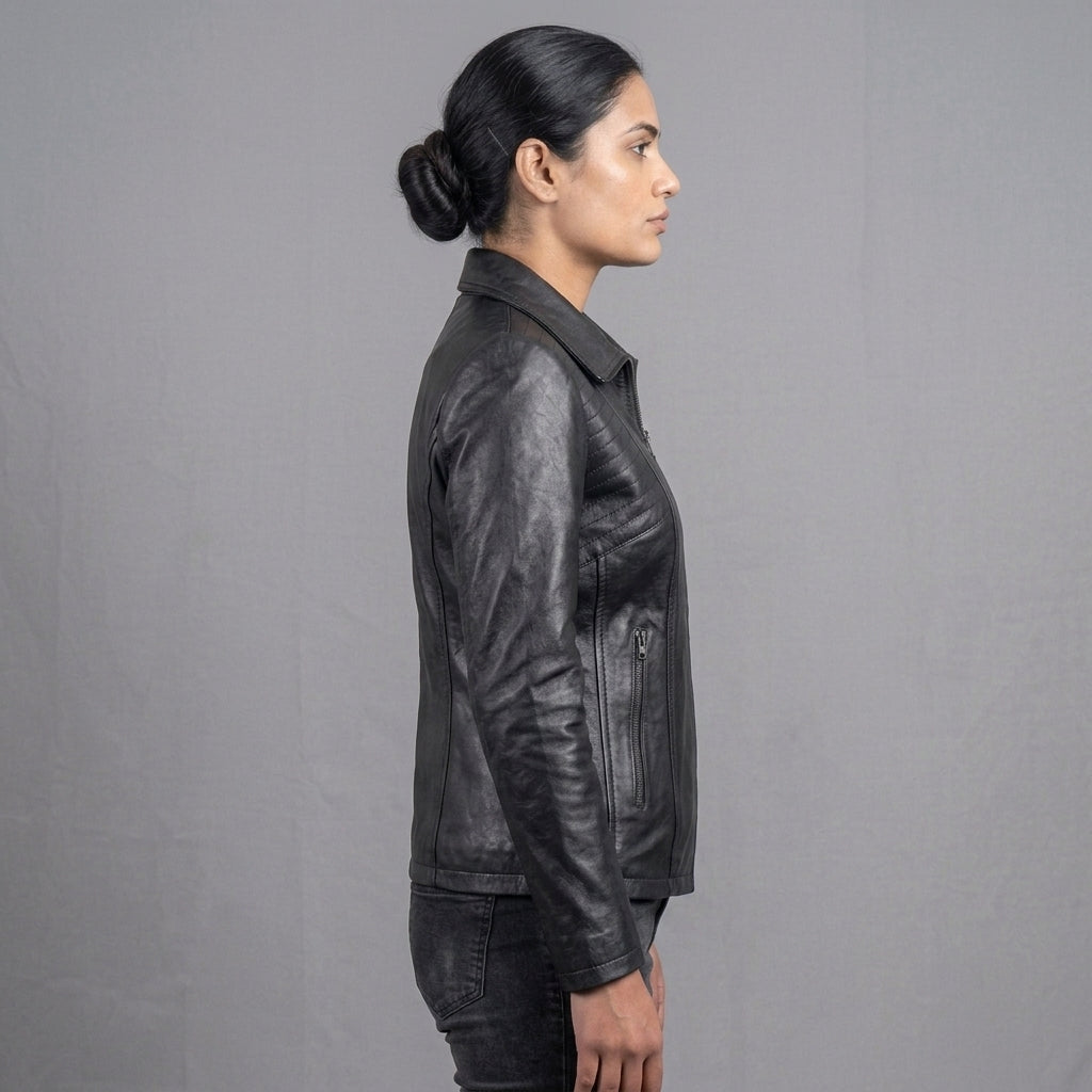 Women's Black Moto Leather Jacket with Shoulder Stitching