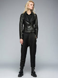 Women's Black Open-Front Drape Collar Leather Jacket