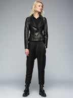 Women's Black Open-Front Drape Collar Leather Jacket