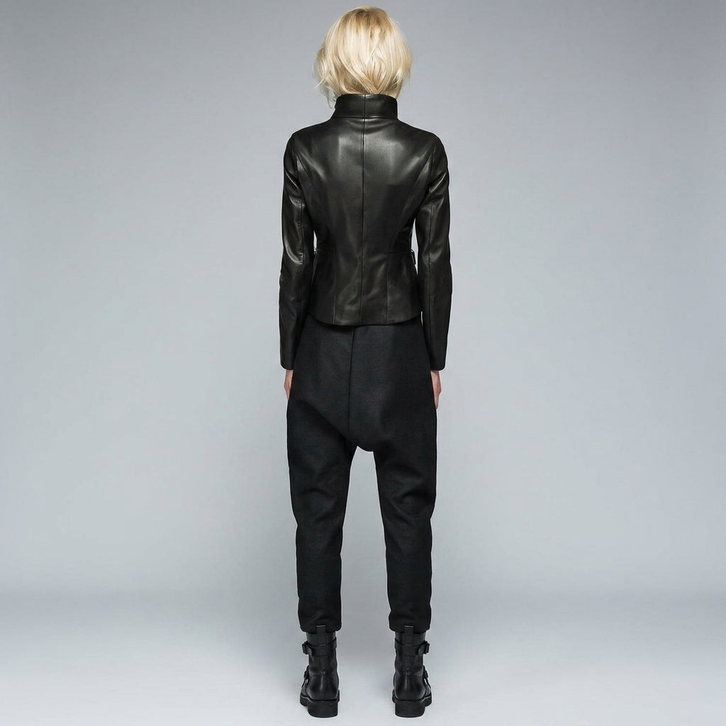 Women's Black Open-Front Drape Collar Leather Jacket