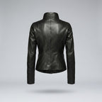 Women's Black Open-Front Drape Collar Leather Jacket