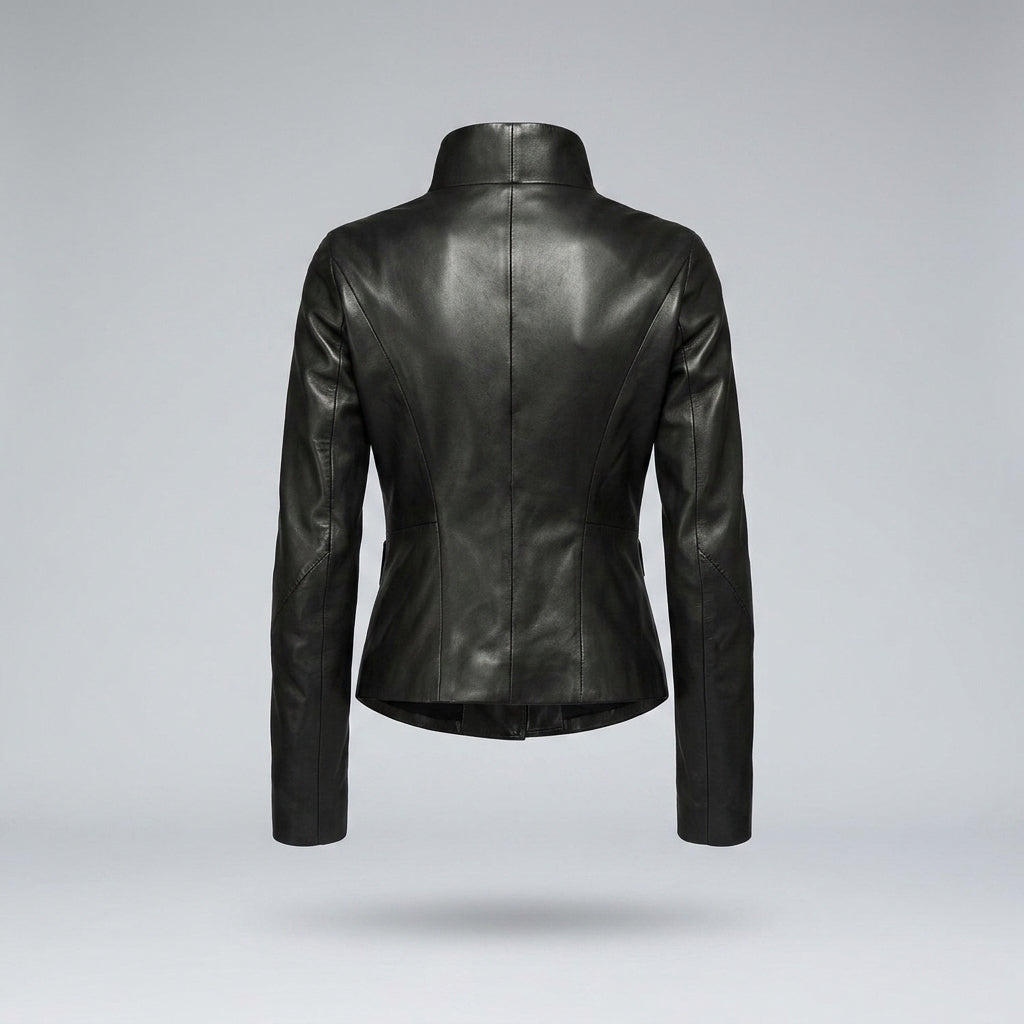 Women's Black Open-Front Drape Collar Leather Jacket