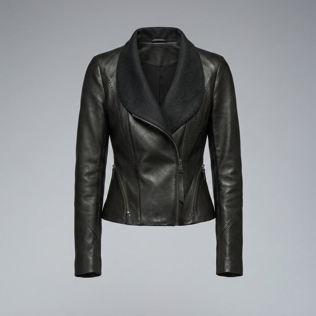 Women's Black Open-Front Drape Collar Leather Jacket
