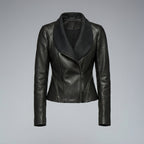 Women's Black Open-Front Drape Collar Leather Jacket