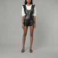 Women's Black Ruffled Leather Romper