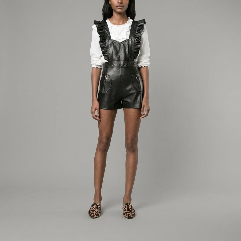 Women's Black Ruffled Leather Romper