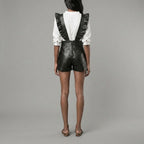 Women's Black Ruffled Leather Romper