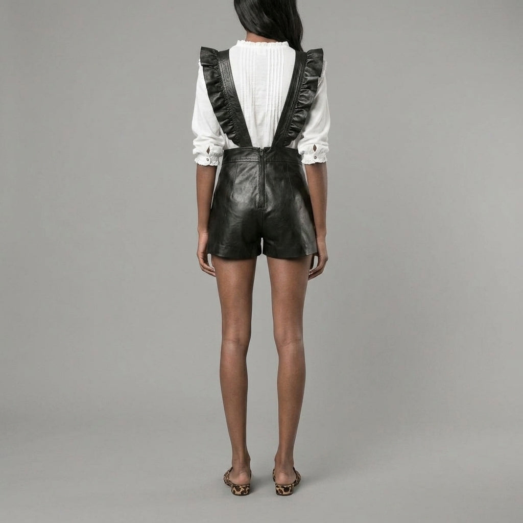 Women's Black Ruffled Leather Romper