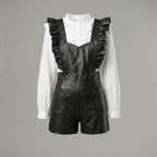Women's Black Ruffled Leather Romper