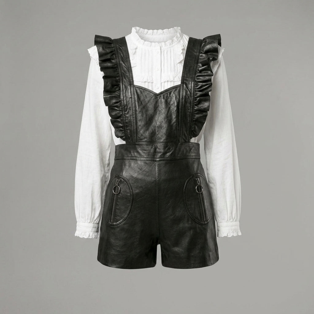 Women's Black Ruffled Leather Romper