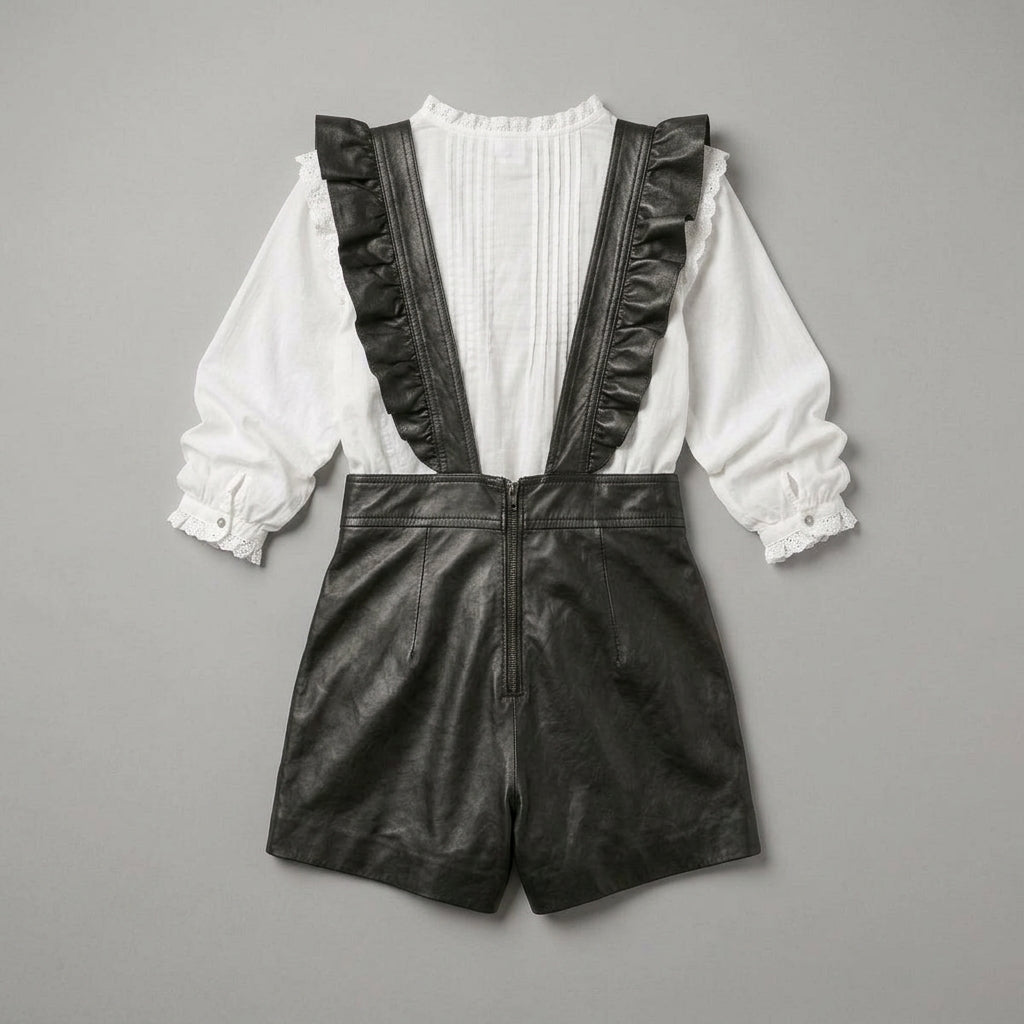 Women's Black Ruffled Leather Romper