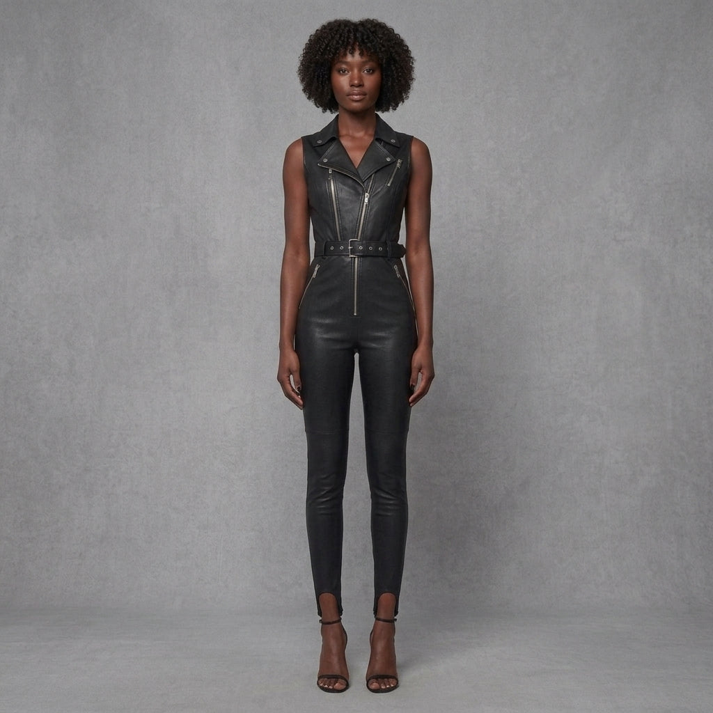 Black Sleeveless Leather Jumpsuit