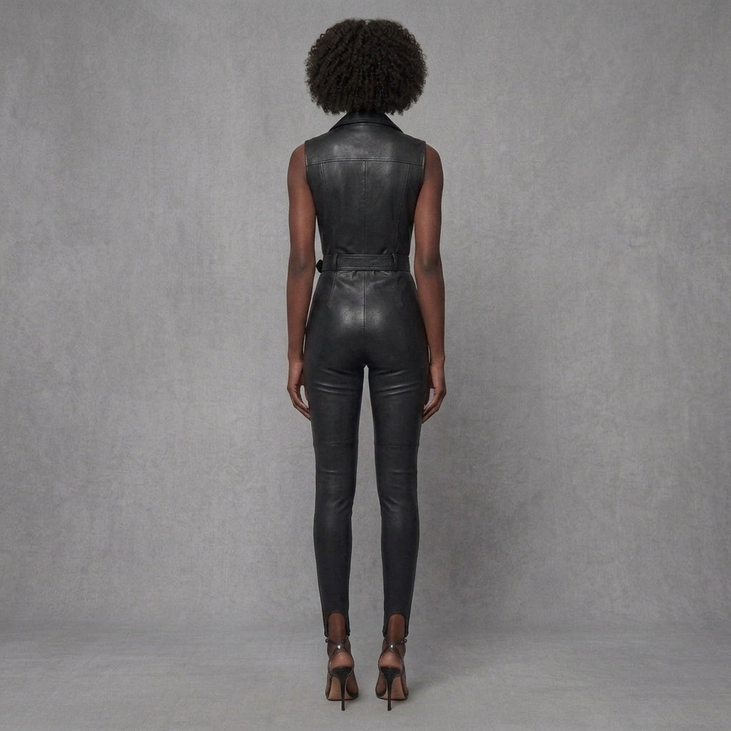 Black Sleeveless Leather Jumpsuit