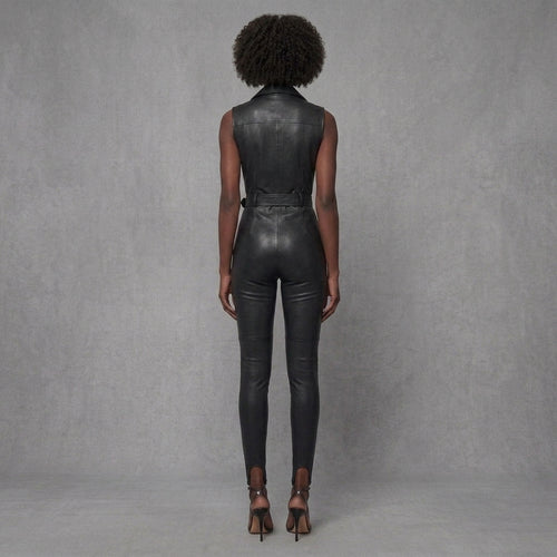 Black Sleeveless Leather Jumpsuit