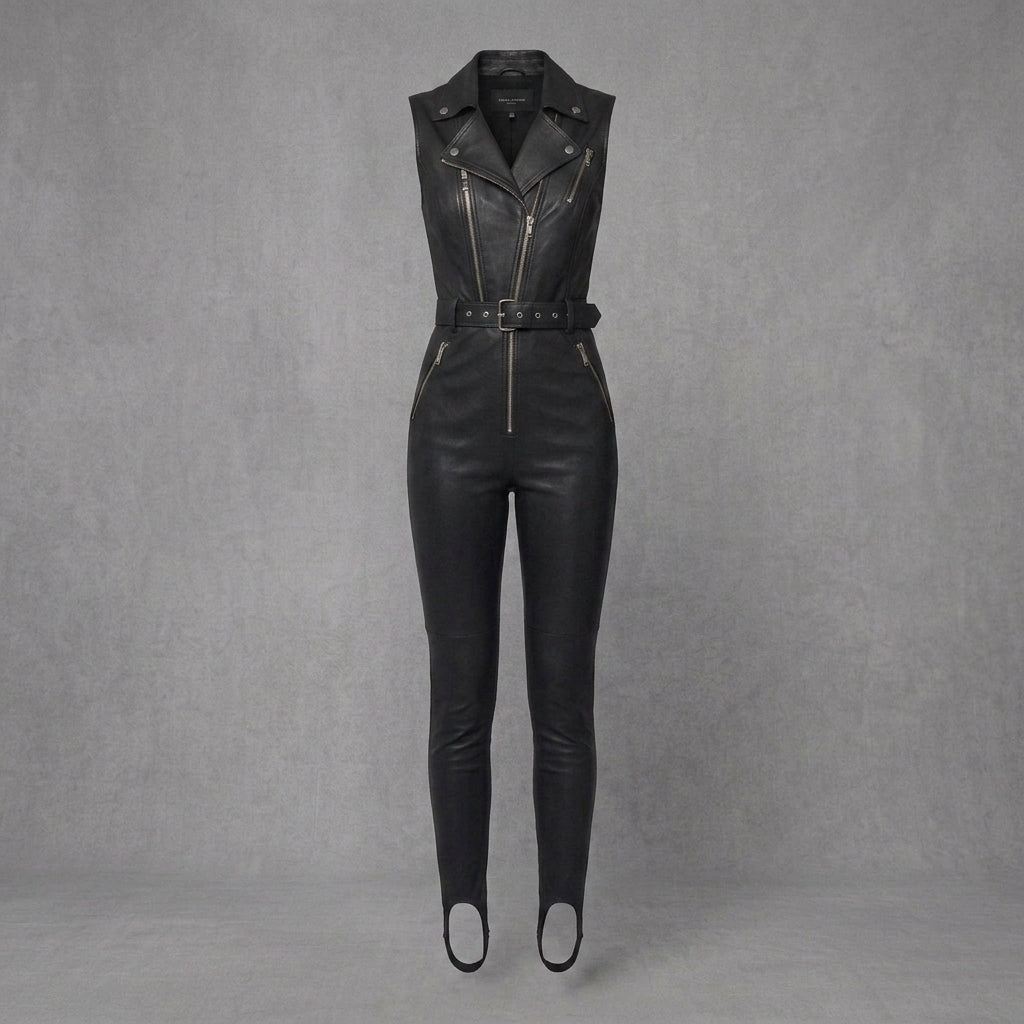 Black Sleeveless Leather Jumpsuit