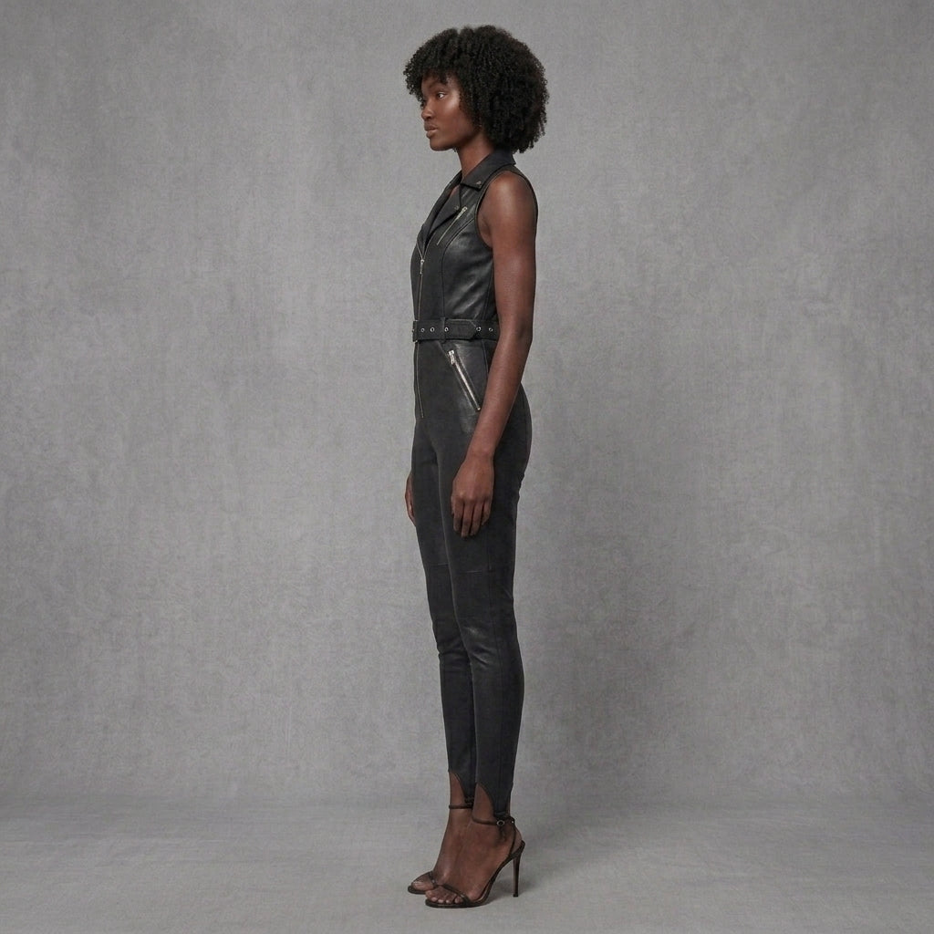 Black Sleeveless Leather Jumpsuit
