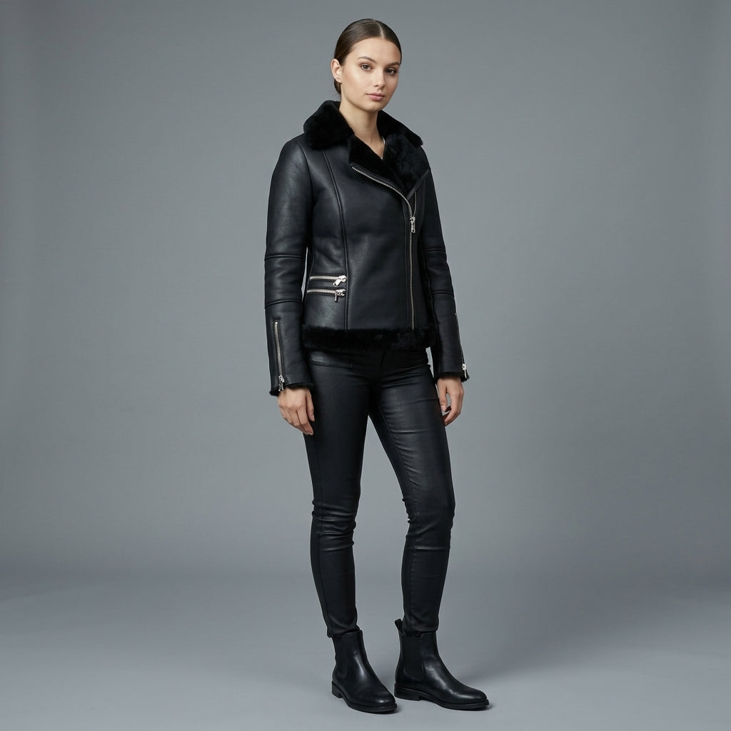 Women's Black Slim-Fit Shearling Moto Jacket
