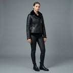 Women's Black Slim-Fit Shearling Moto Jacket