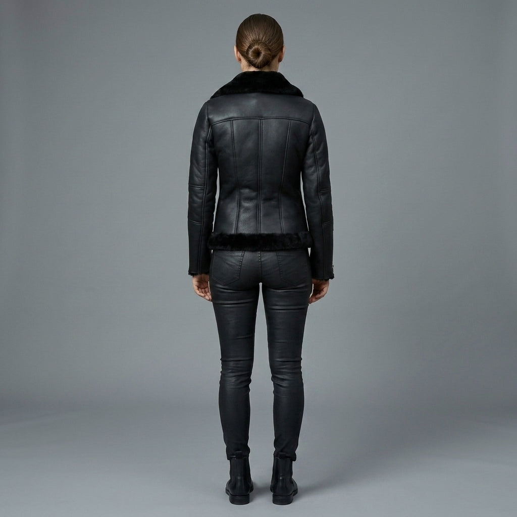 Women's Black Slim-Fit Shearling Moto Jacket