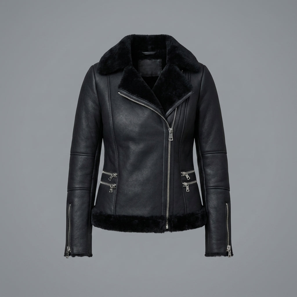 Women's Black Slim-Fit Shearling Moto Jacket