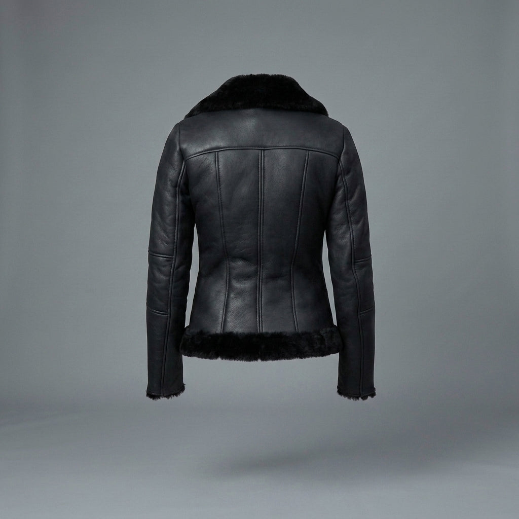 Women's Black Slim-Fit Shearling Moto Jacket