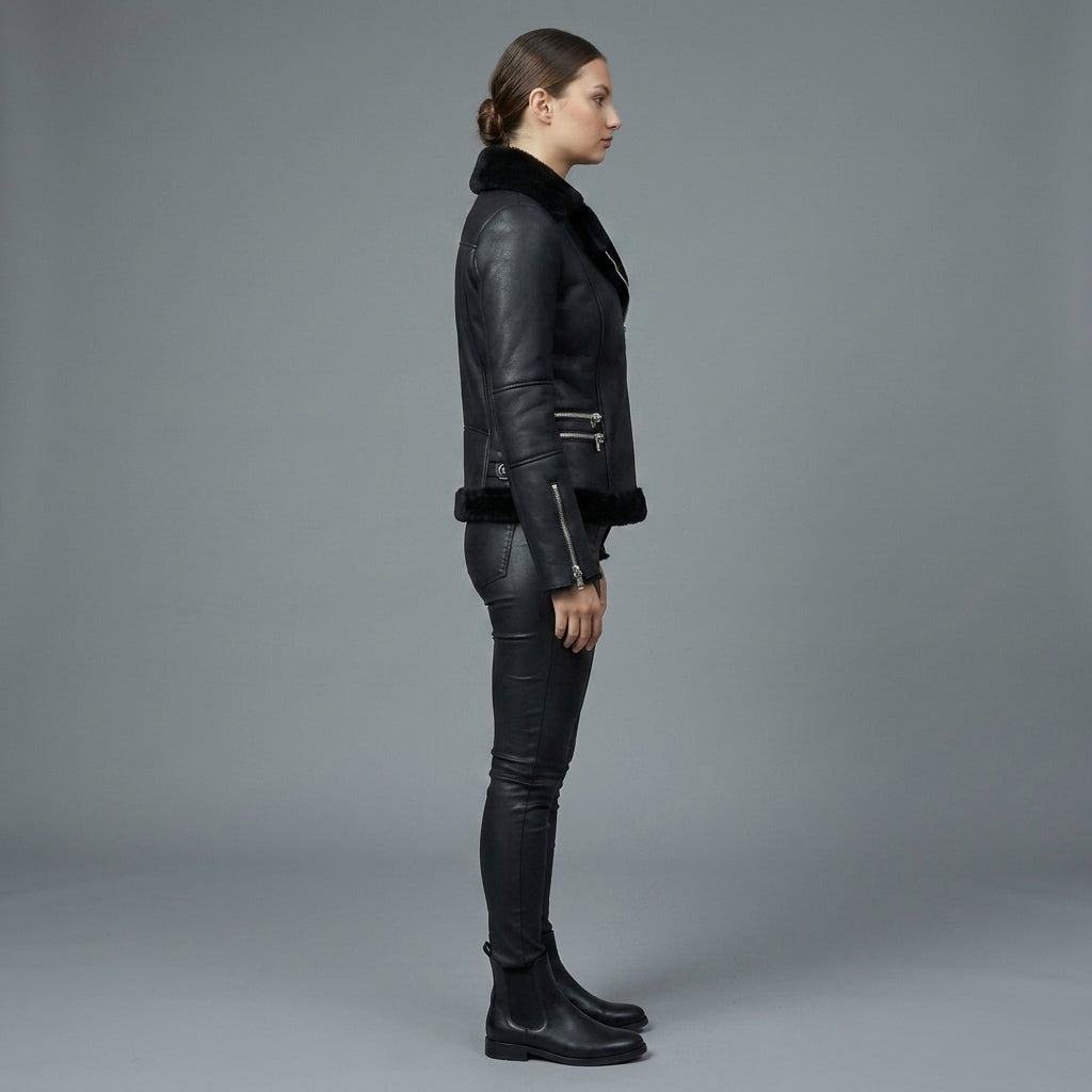 Women's Black Slim-Fit Shearling Moto Jacket