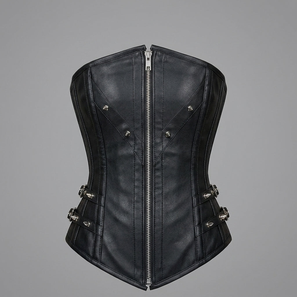 Black Studded Zip Leather Corset
