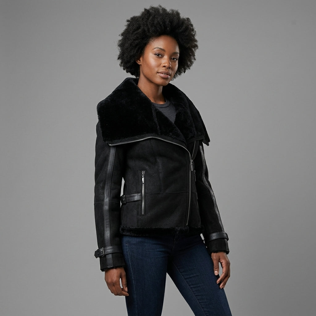 Women's Black Suede Aviator Jacket with Belt Detail