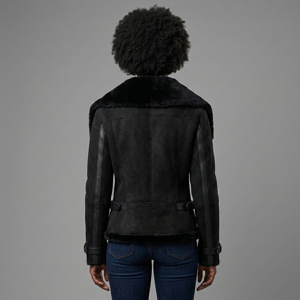 Women's Black Suede Aviator Jacket with Belt Detail