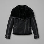 Women's Black Suede Aviator Jacket with Belt Detail