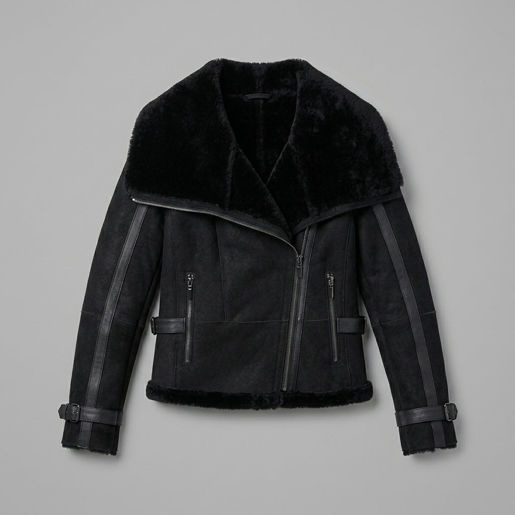 Women's Black Suede Aviator Jacket with Belt Detail