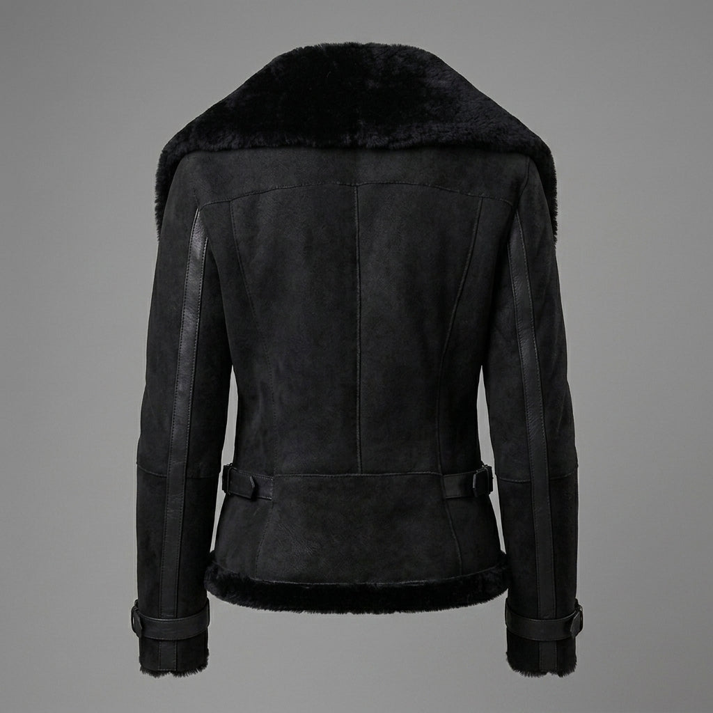 Women's Black Suede Aviator Jacket with Belt Detail