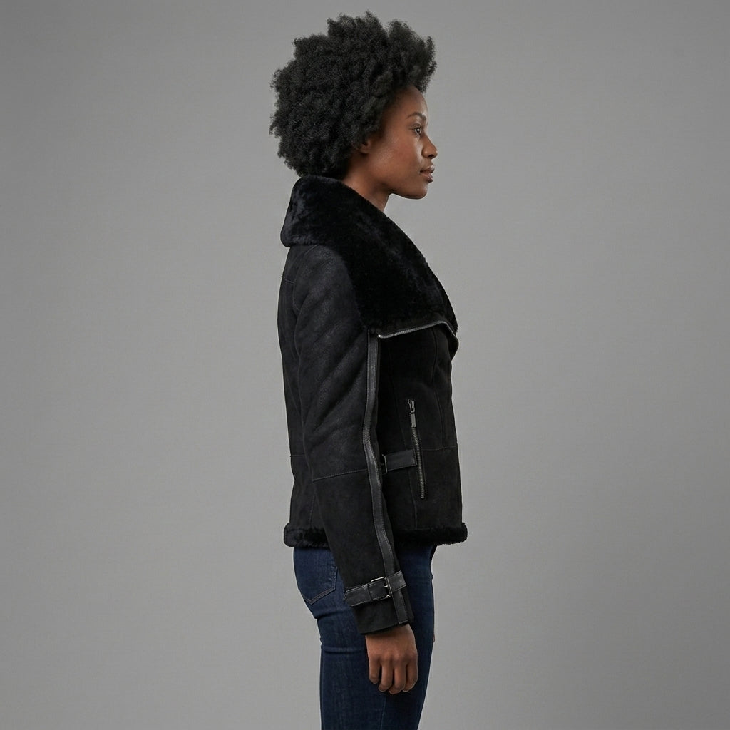 Women's Black Suede Aviator Jacket with Belt Detail