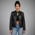Women's Black Vegan Leather Jacket with Band Collar & Diamond Stitching