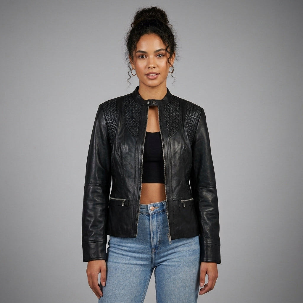 Women's Black Vegan Leather Jacket with Band Collar & Diamond Stitching