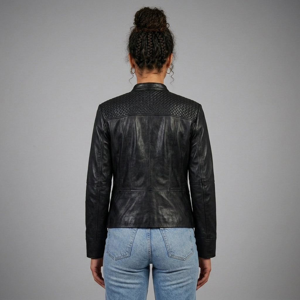 Women's Black Vegan Leather Jacket with Band Collar & Diamond Stitching