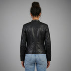 Women's Black Vegan Leather Jacket with Band Collar & Diamond Stitching