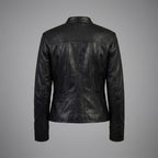 Women's Black Vegan Leather Jacket with Band Collar & Diamond Stitching