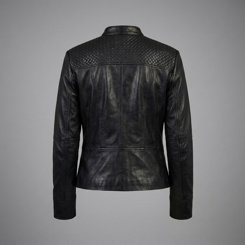 Women's Black Vegan Leather Jacket with Band Collar & Diamond Stitching