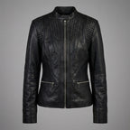 Women's Black Vegan Leather Jacket with Band Collar & Diamond Stitching