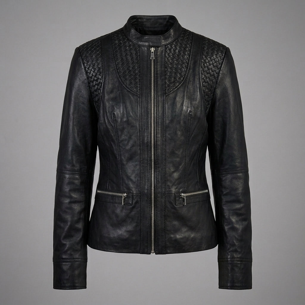 Women's Black Vegan Leather Jacket with Band Collar & Diamond Stitching
