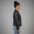 Women's Black Vegan Leather Jacket with Band Collar & Diamond Stitching