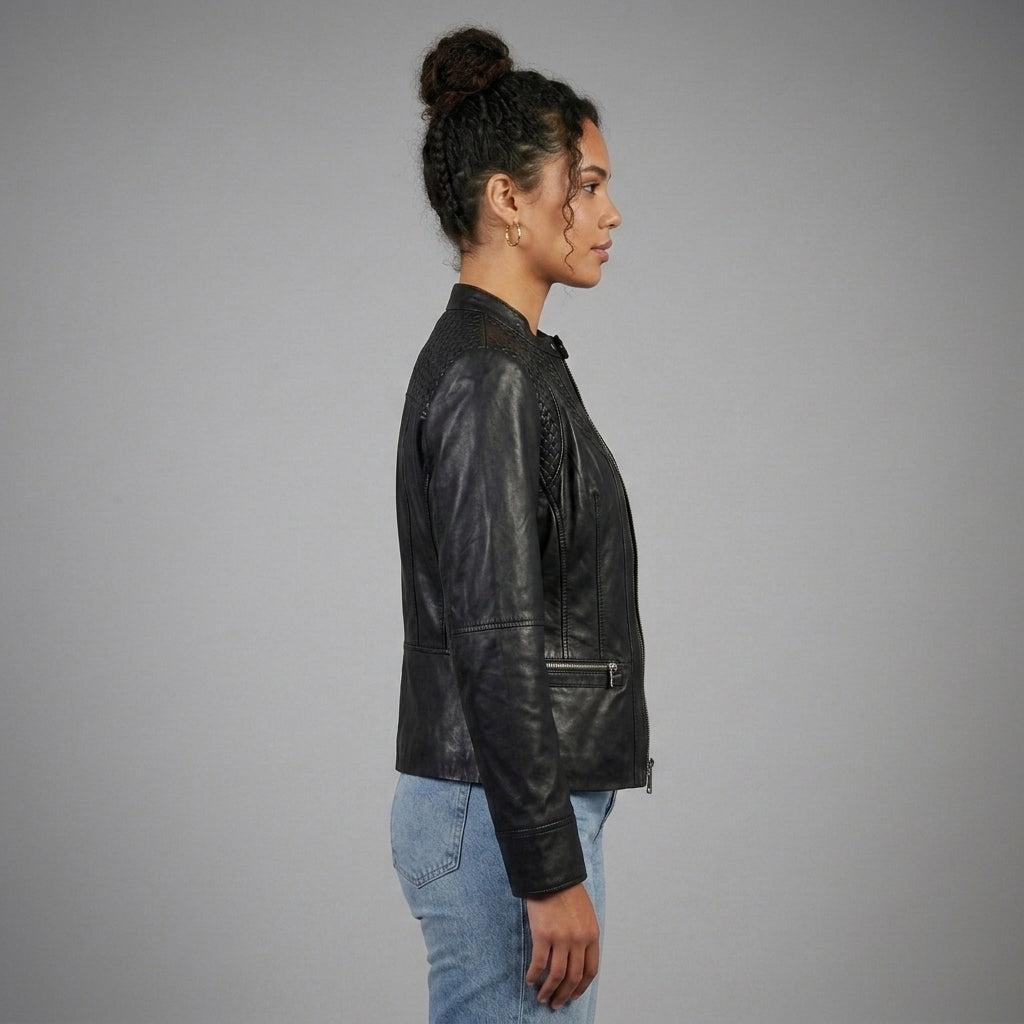 Women's Black Vegan Leather Jacket with Band Collar & Diamond Stitching