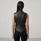 Women's Black Vegan Leather Sleeveless Moto Vest Jacket