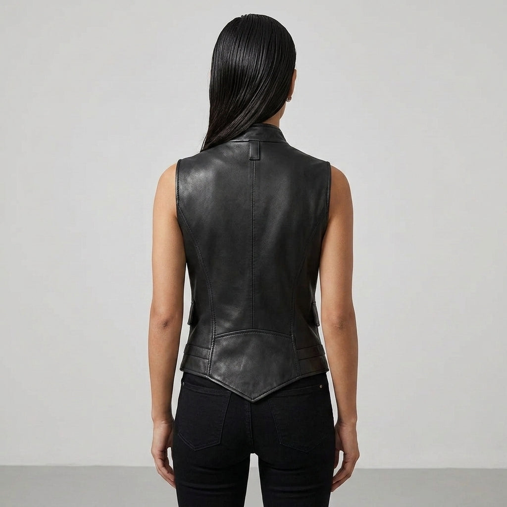 Women's Black Vegan Leather Sleeveless Moto Vest Jacket