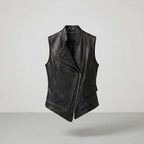 Women's Black Vegan Leather Sleeveless Moto Vest Jacket