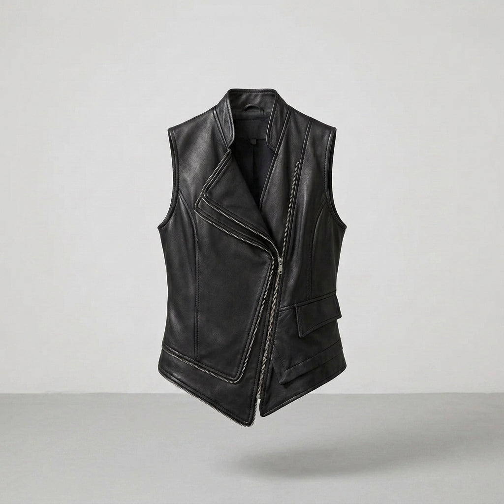 Women's Black Vegan Leather Sleeveless Moto Vest Jacket